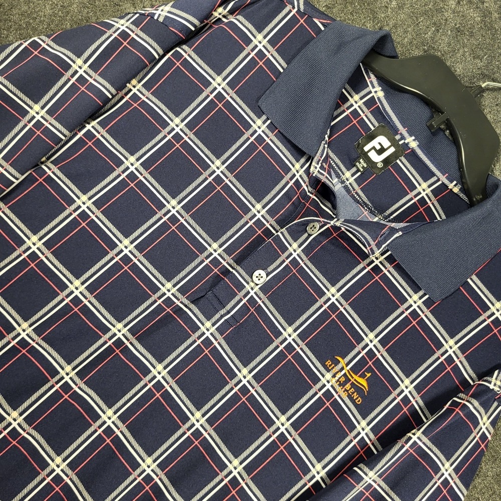 FootJoy Golf Polo Men's XL FJ Windowpane Print Navy Blue River Bend Logo